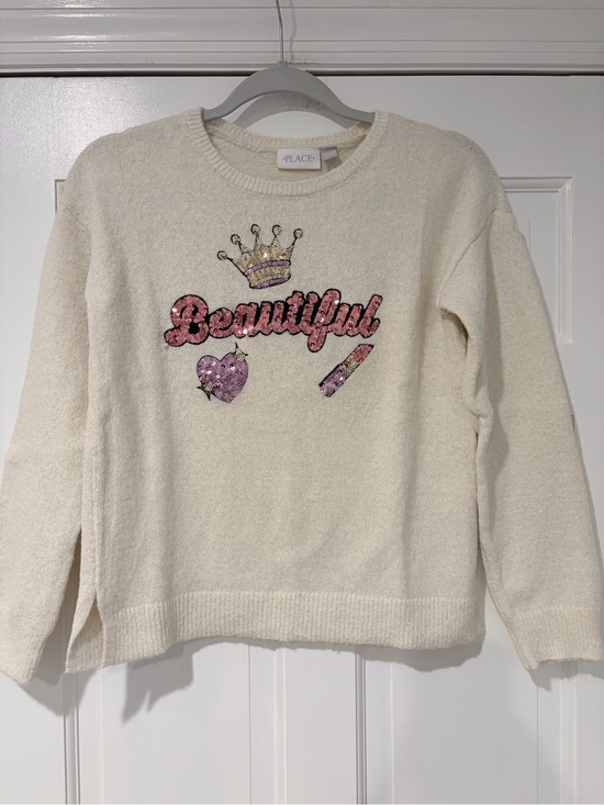 Place Other - Place Cream Sweater with Pink Sequin 'Beautiful' Graphic